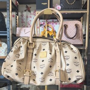 MCM Beige Monogram Dome Satchel with Gold Hardware